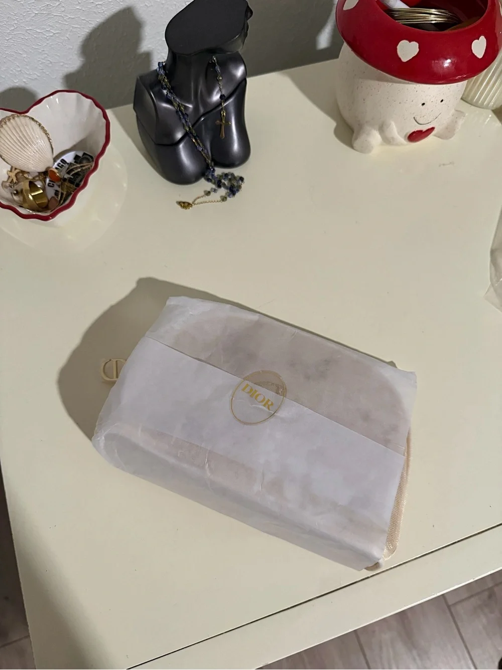 Dior Beige Embroidered Mesh Cosmetic Pouch